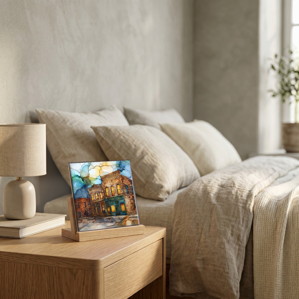 On the nightstand, catching the morning.
