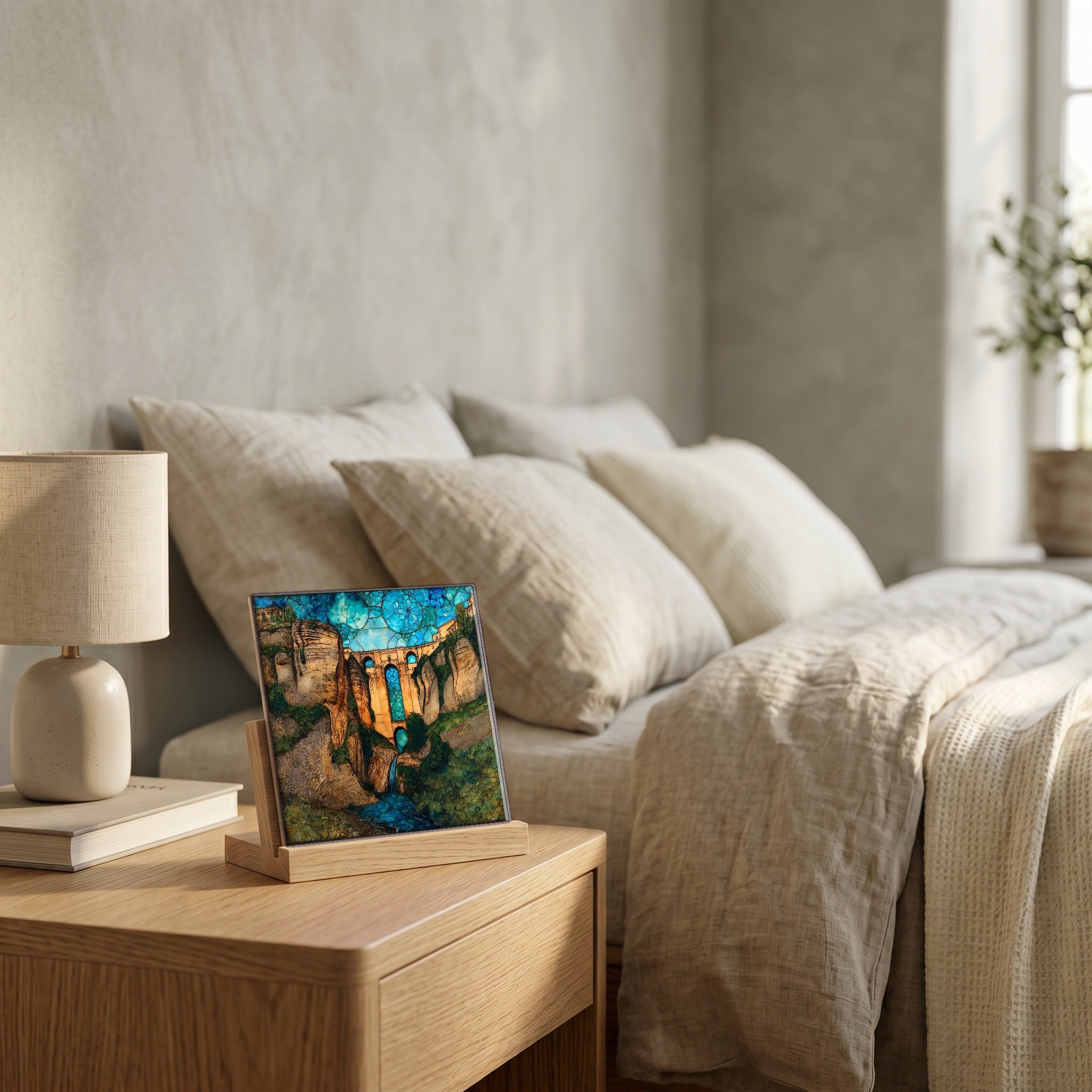 On the nightstand, catching the morning.