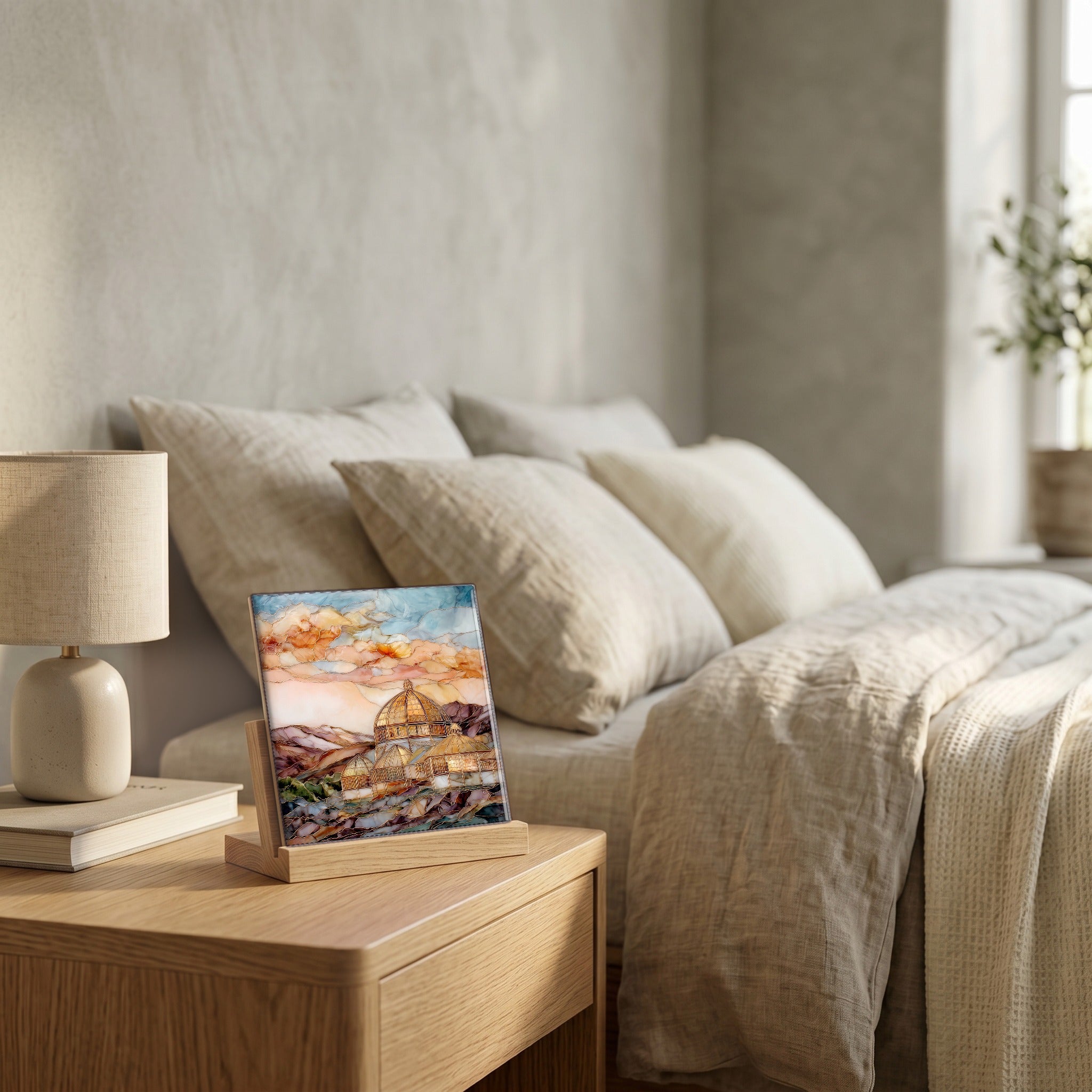 On the nightstand, catching the morning.
