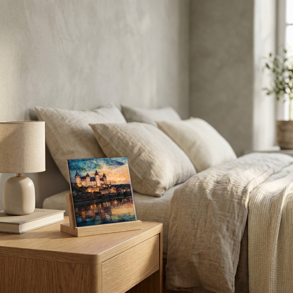 On the nightstand, on a light oak stand.