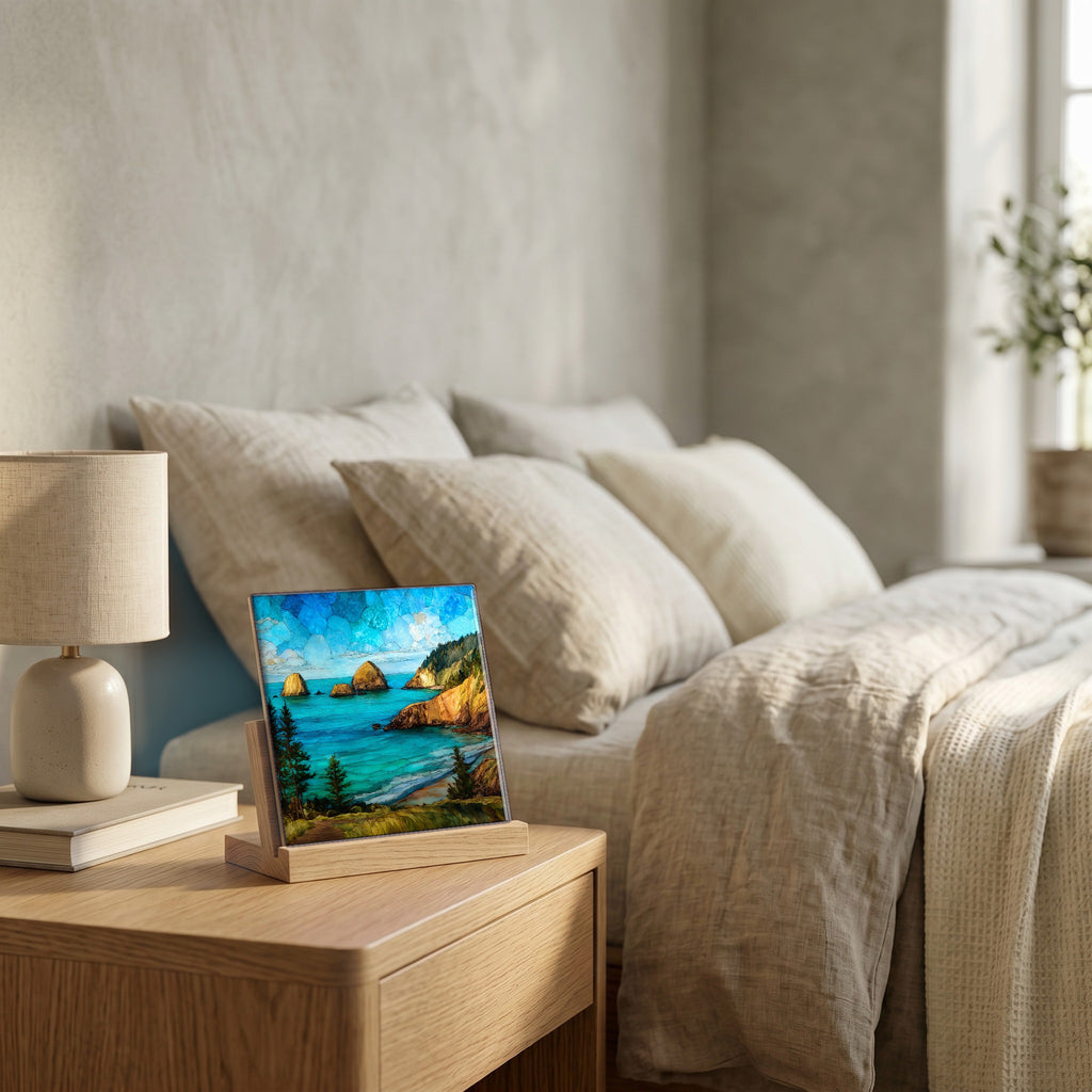 On the nightstand, catching the morning.