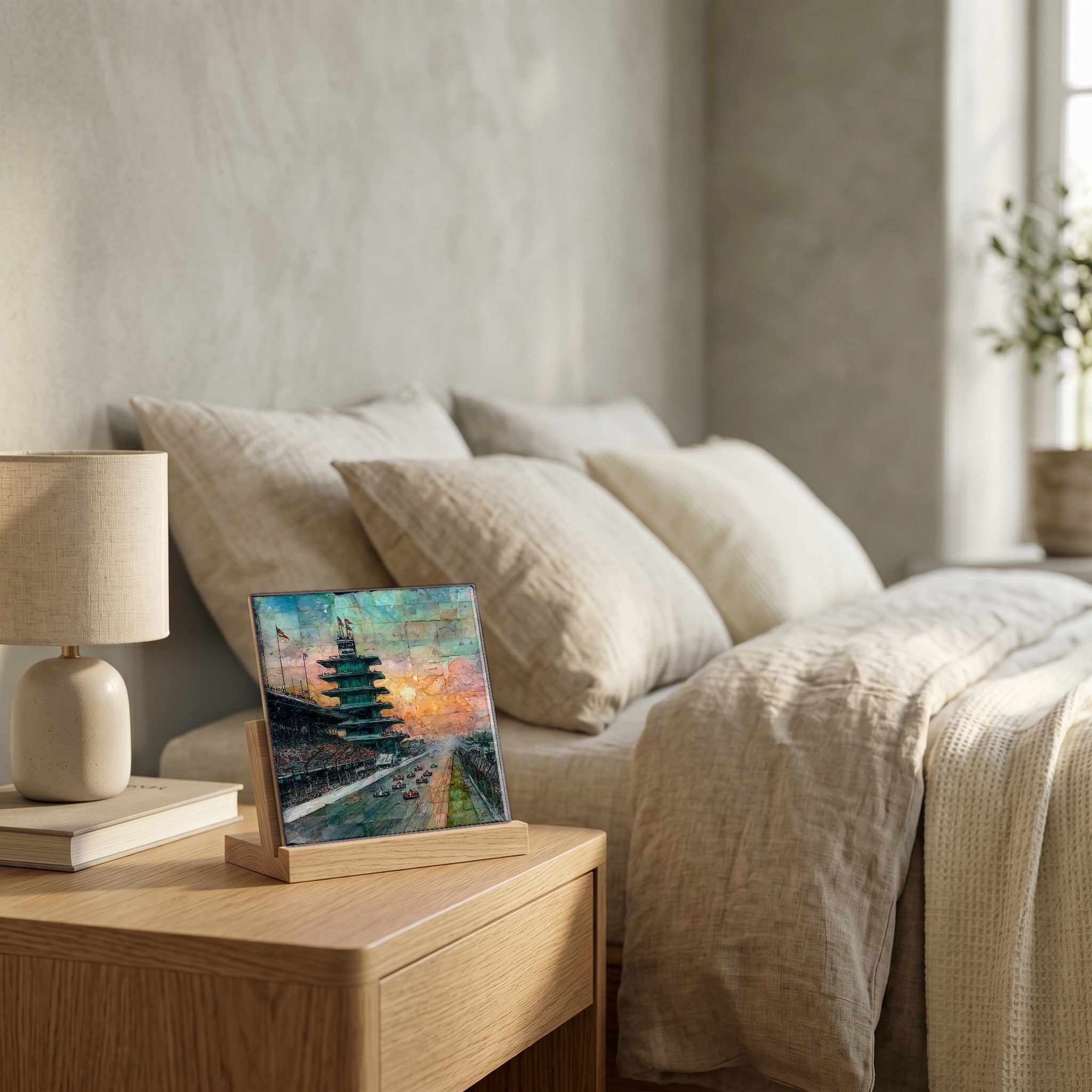On the nightstand, catching the morning.