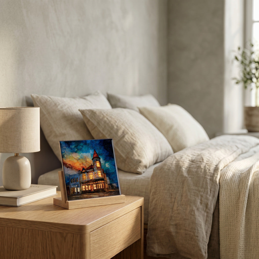 On the nightstand, catching the morning.