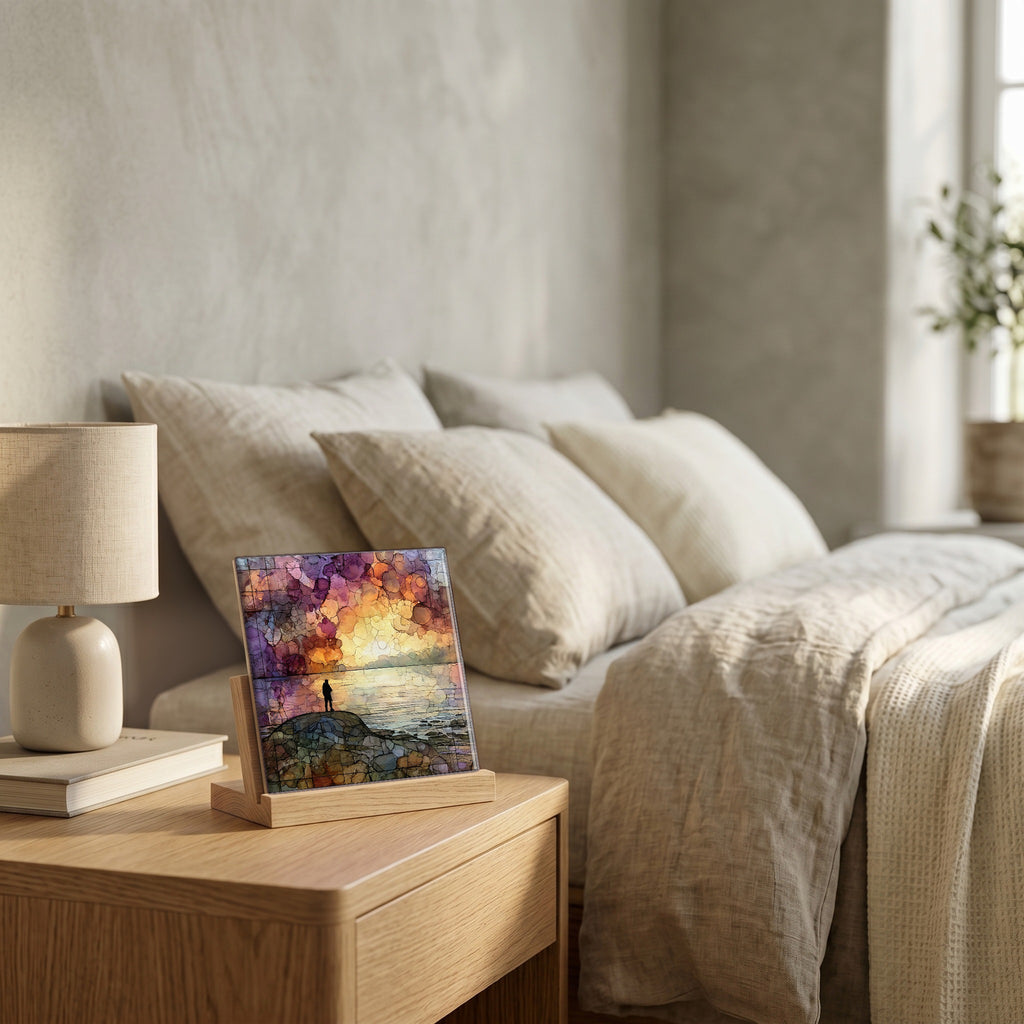 On the nightstand, catching the morning.