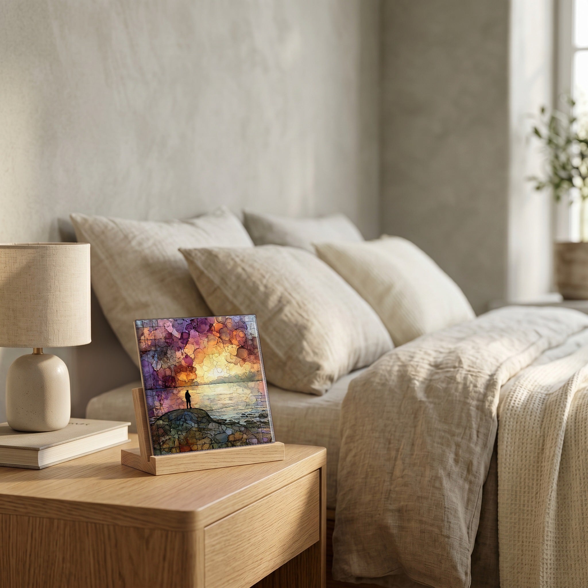 On the nightstand, catching the morning.