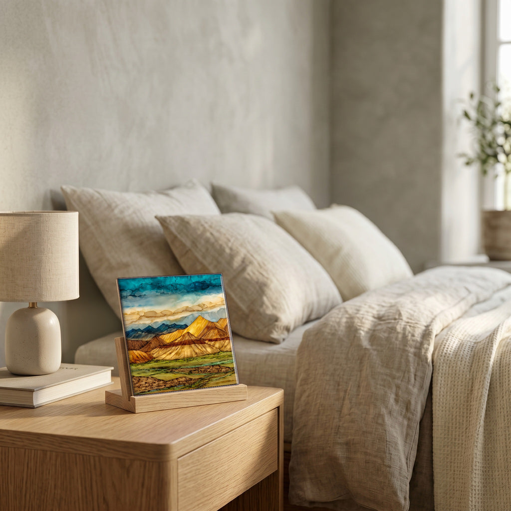 On the nightstand, catching the morning.