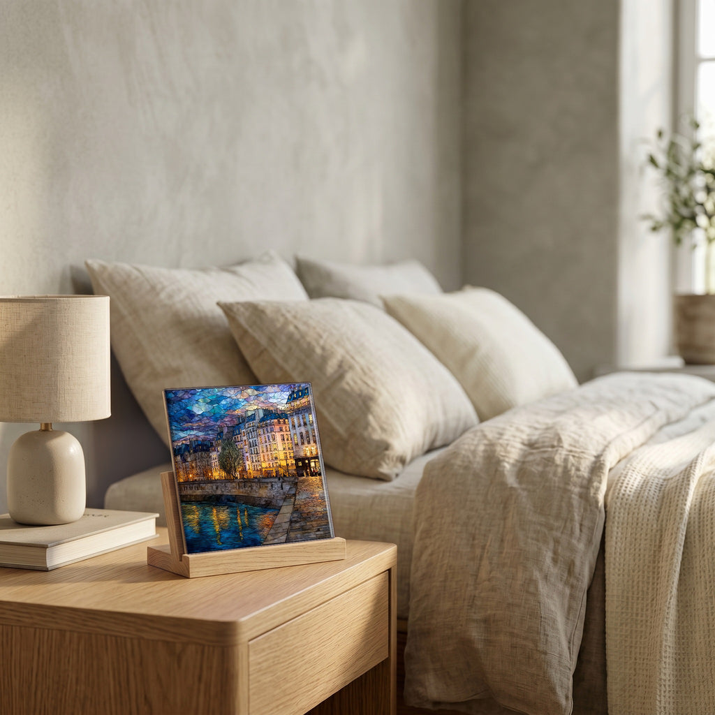 On the nightstand, on a light oak stand.