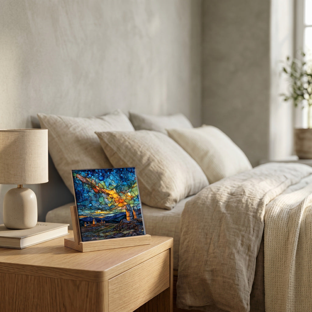 On the nightstand, catching the morning.
