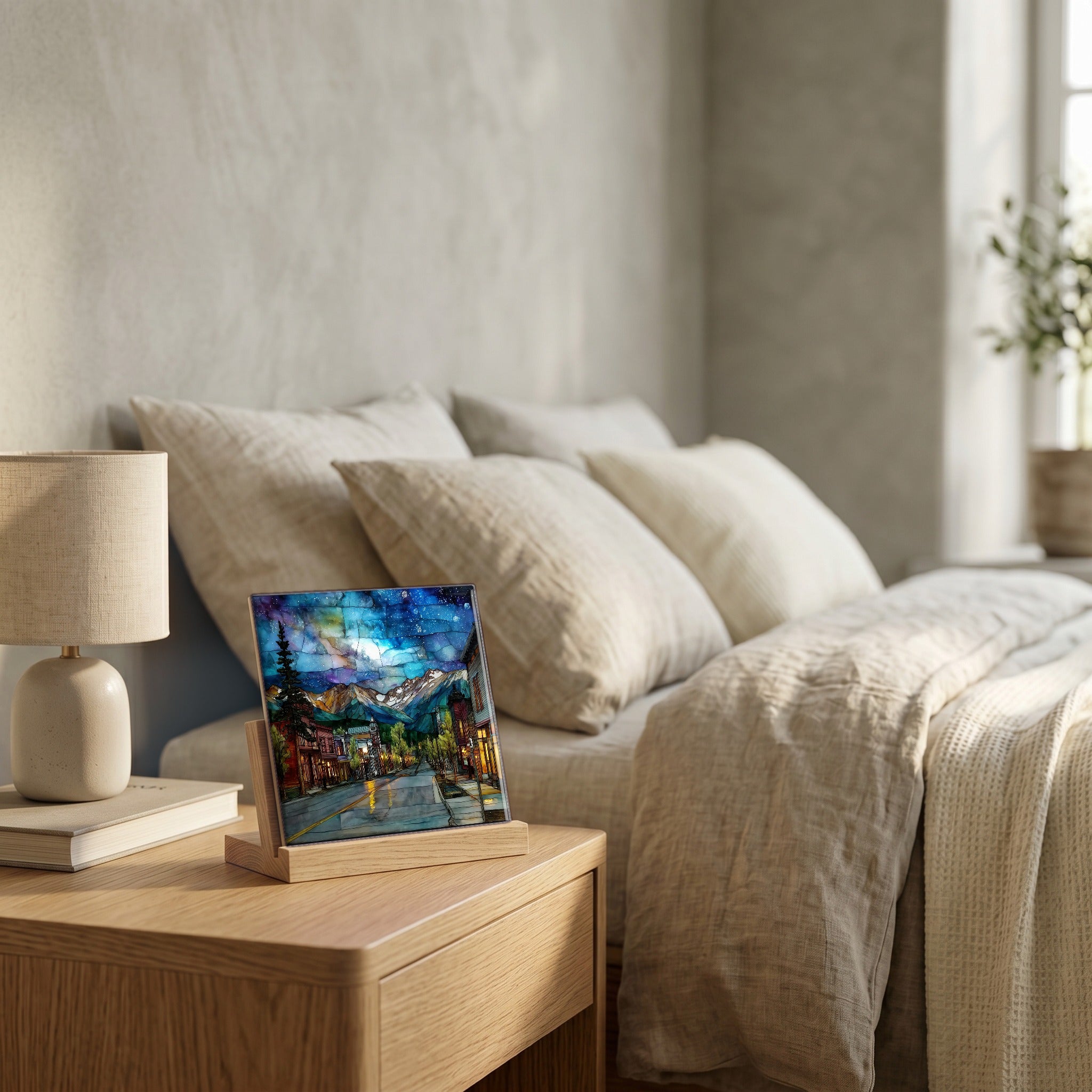 On the nightstand, catching the morning.