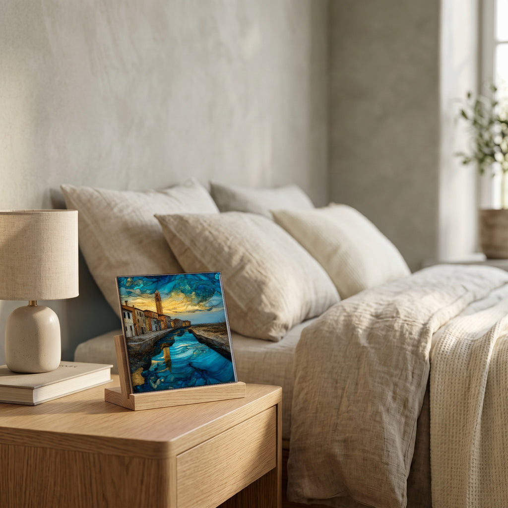 On the nightstand, on a light oak stand.