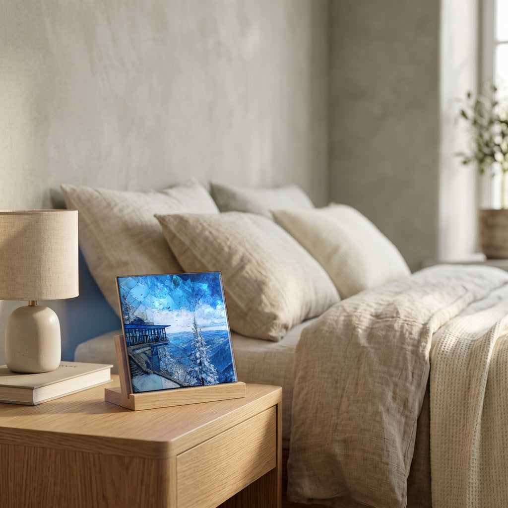 On the nightstand, catching the morning.
