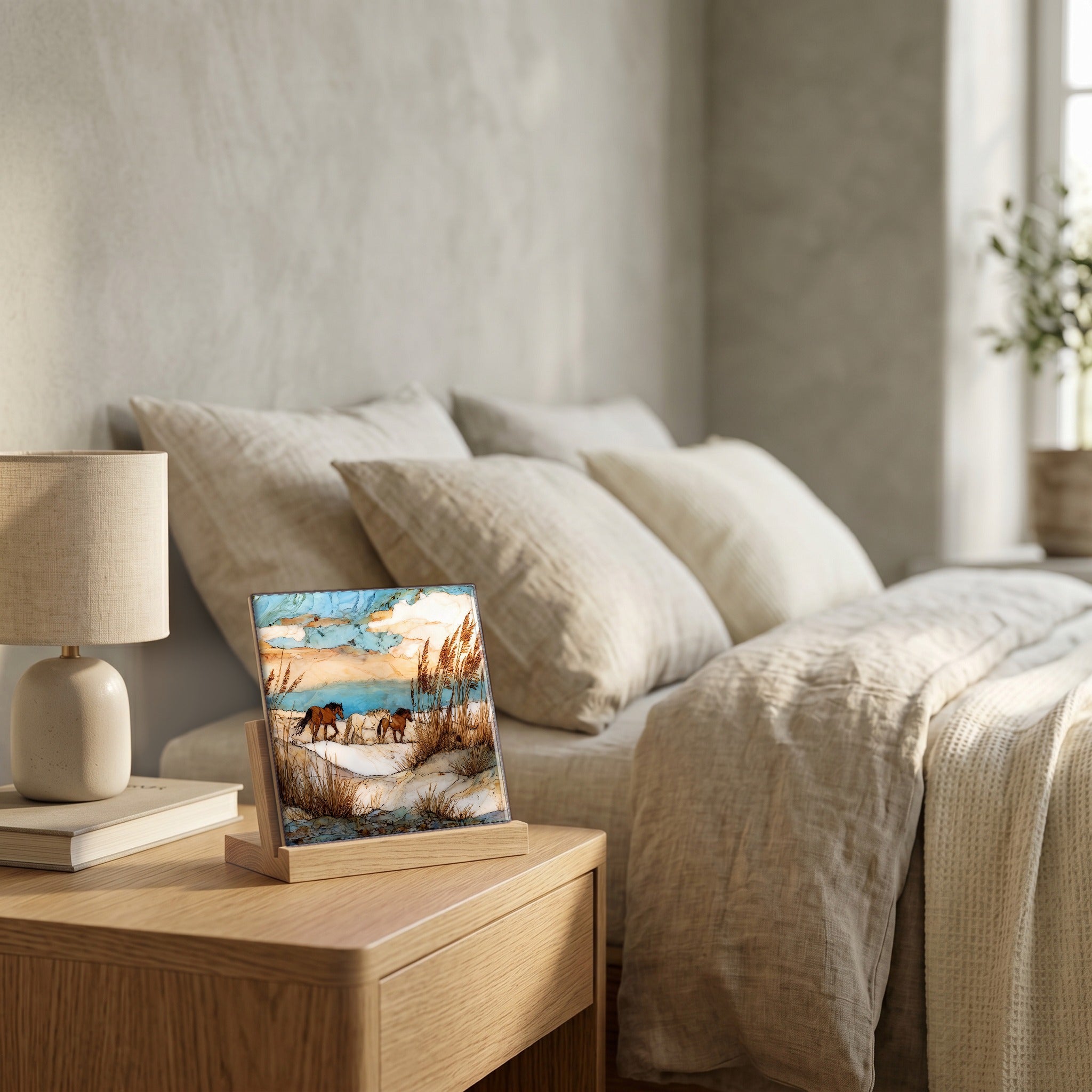 On the nightstand, catching the morning.