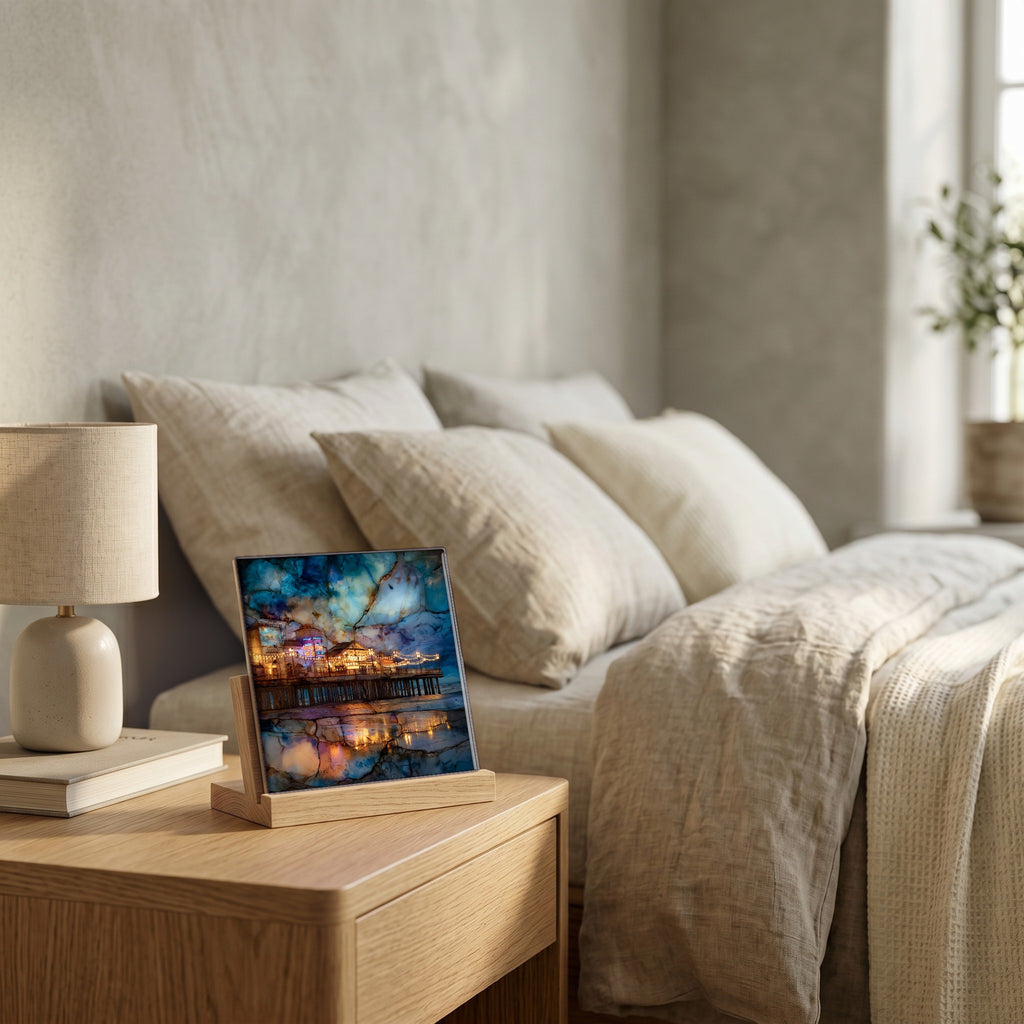 On the nightstand, catching the morning.