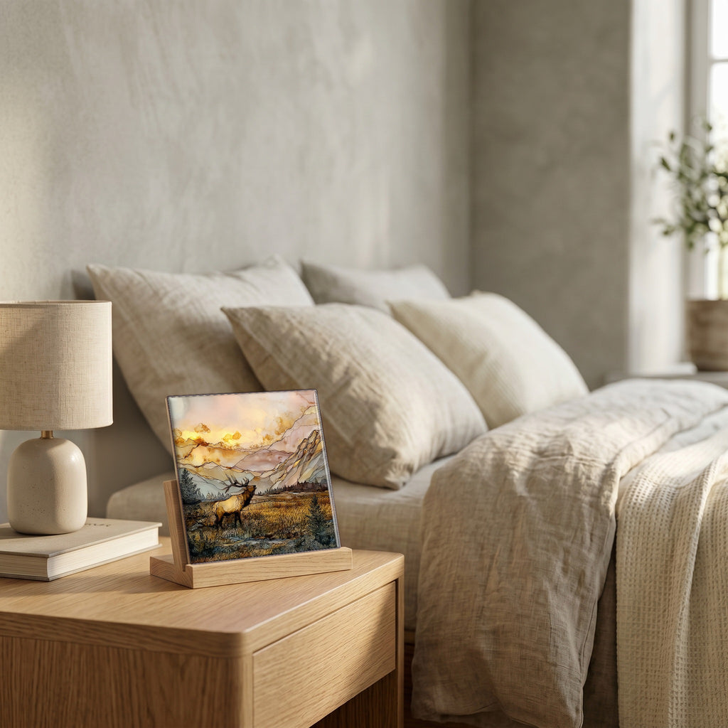 On the nightstand, on a light oak stand.