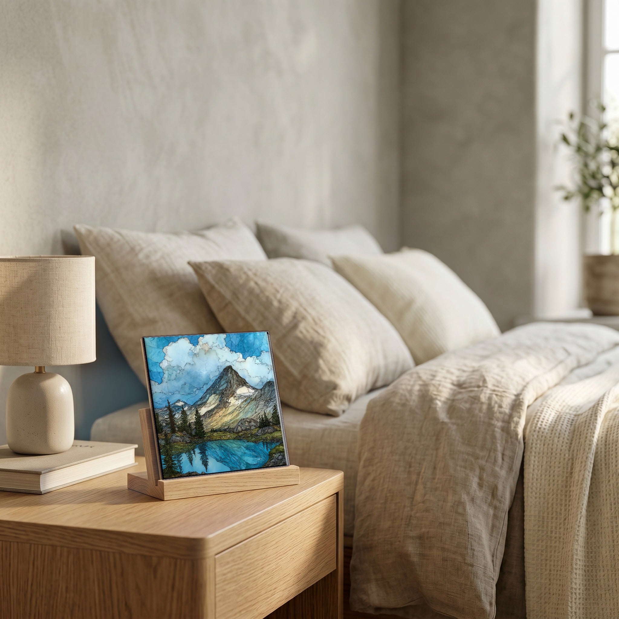 On the nightstand, catching the morning.