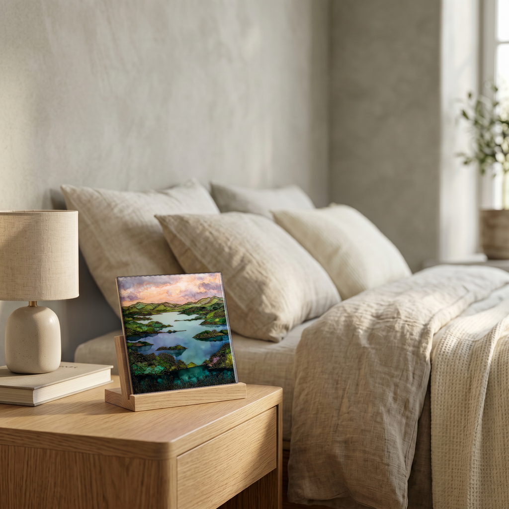 On the nightstand, on a light oak stand.
