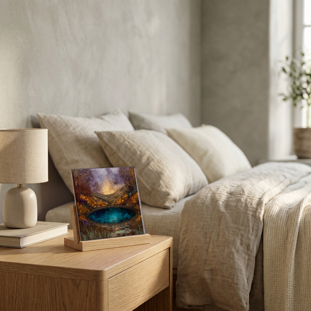 On the nightstand, on a light oak stand.