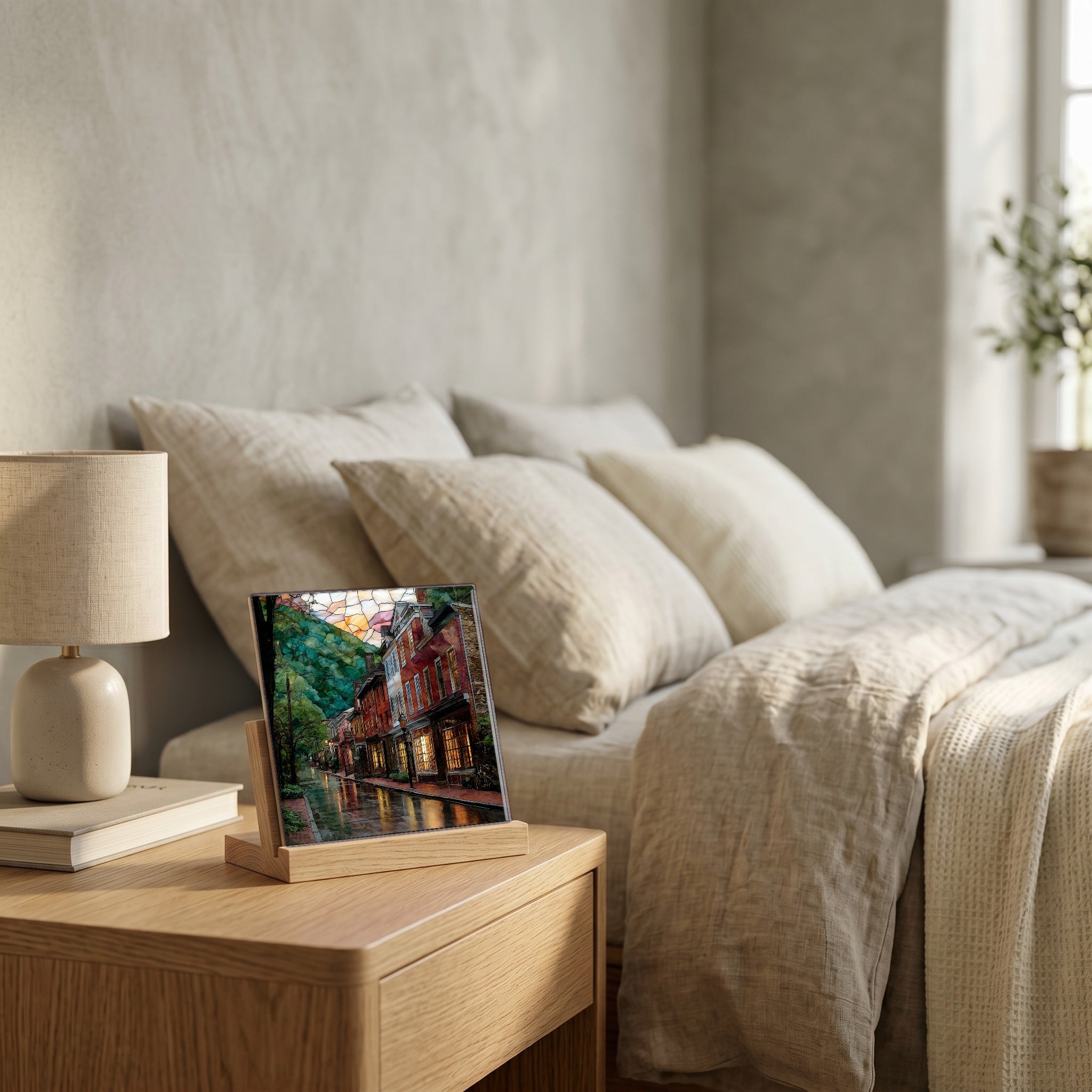 On the nightstand, catching the morning.