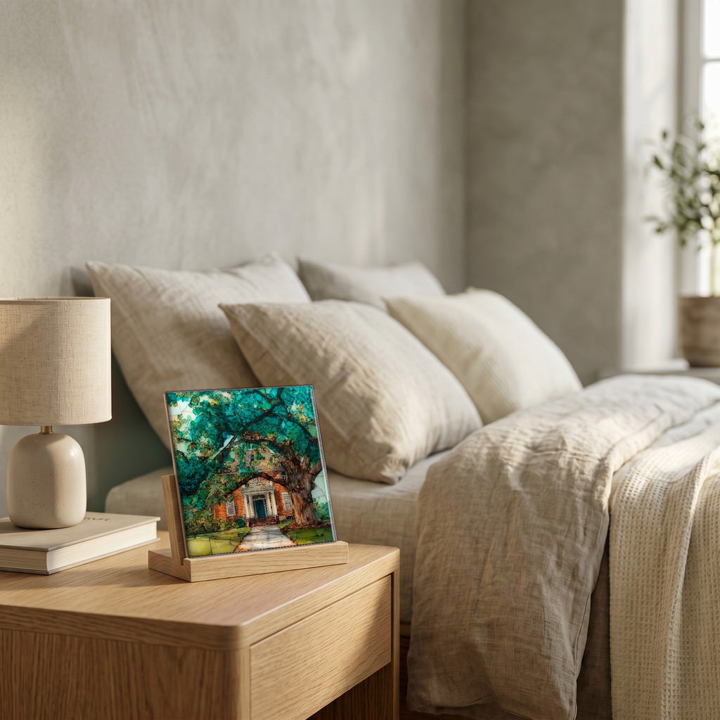 On the nightstand, catching the morning.