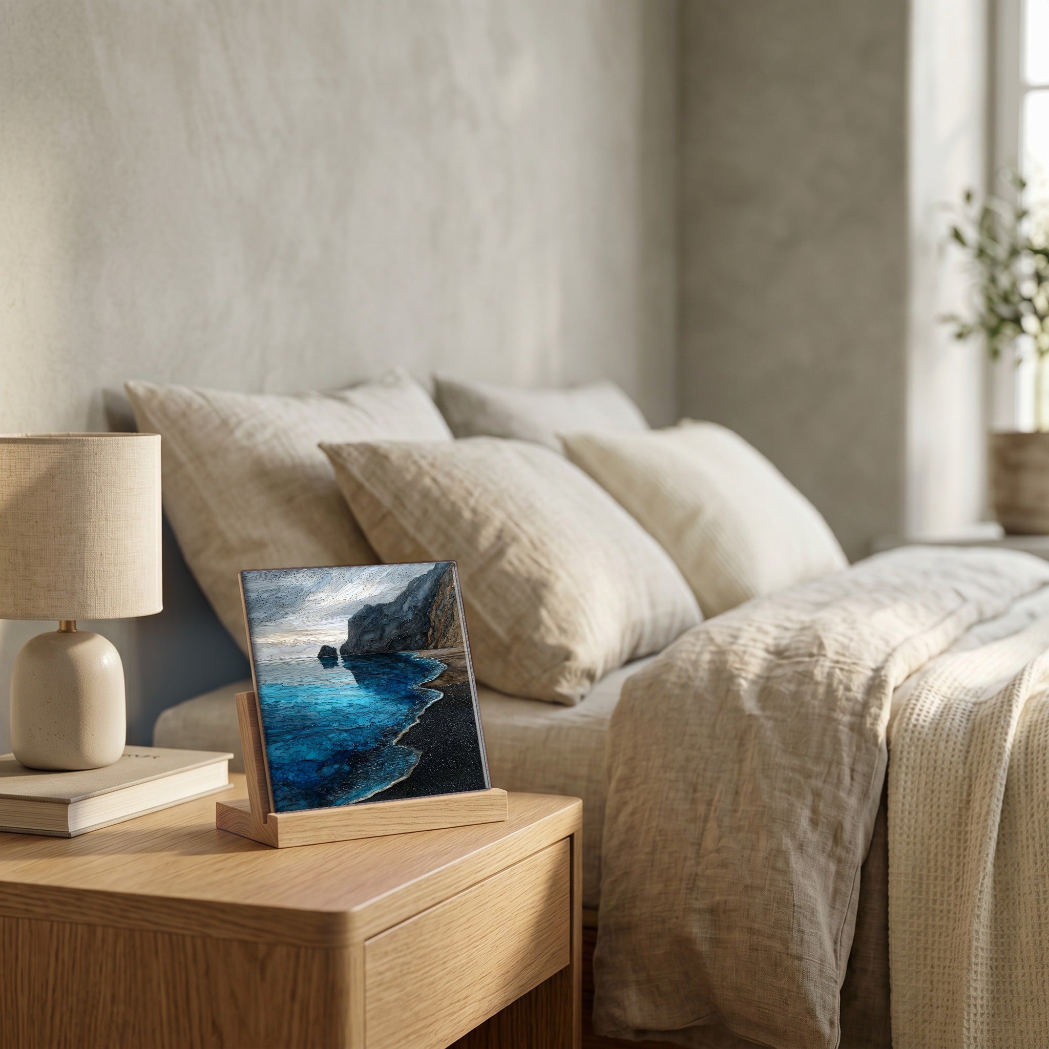 On the nightstand, catching the morning.