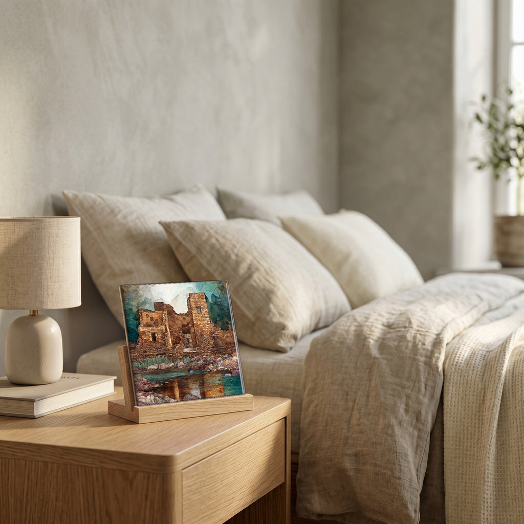 On the nightstand, catching the morning.