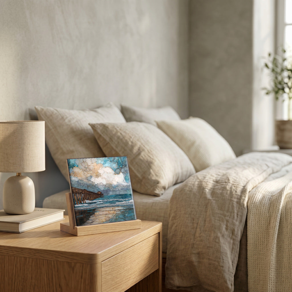 On the nightstand, catching the morning.