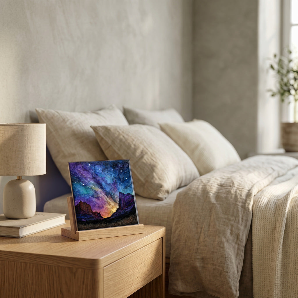 On the nightstand, catching the morning.