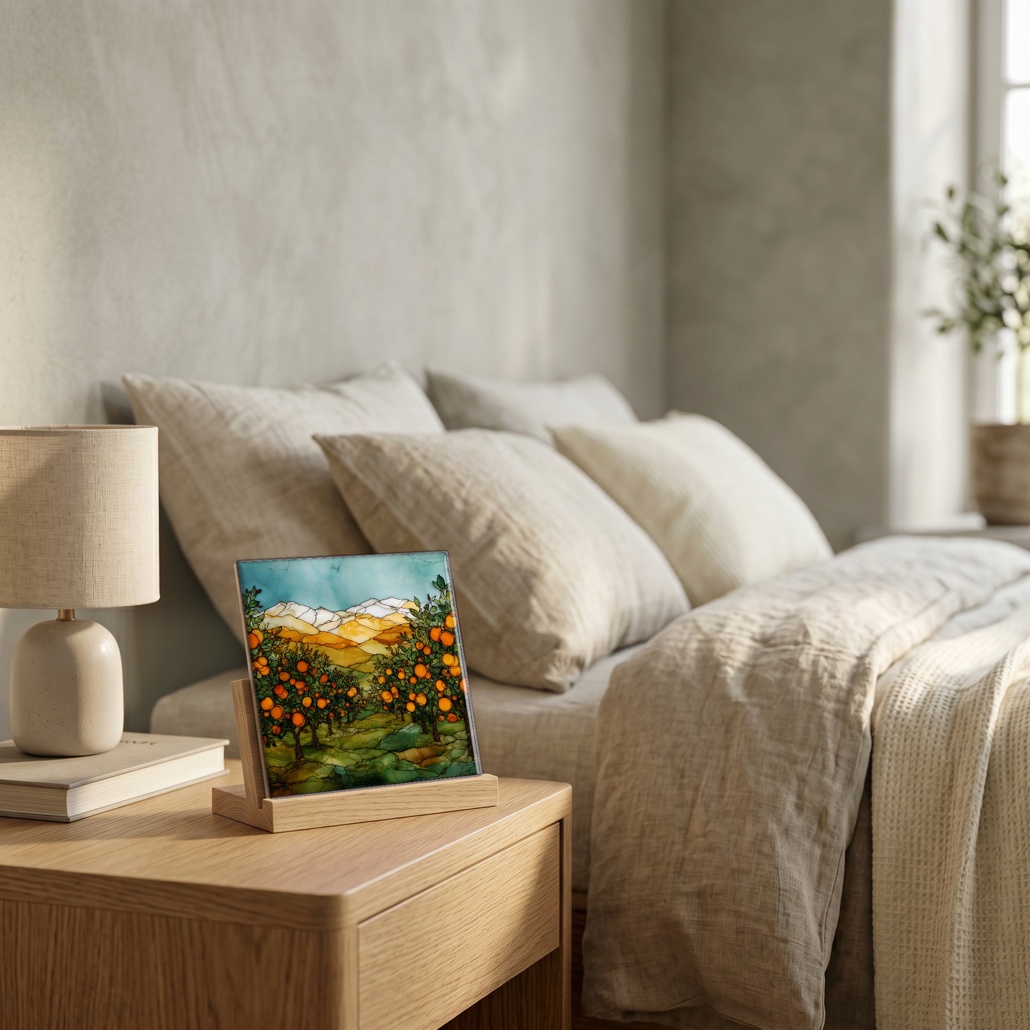On the nightstand, on a light oak stand.