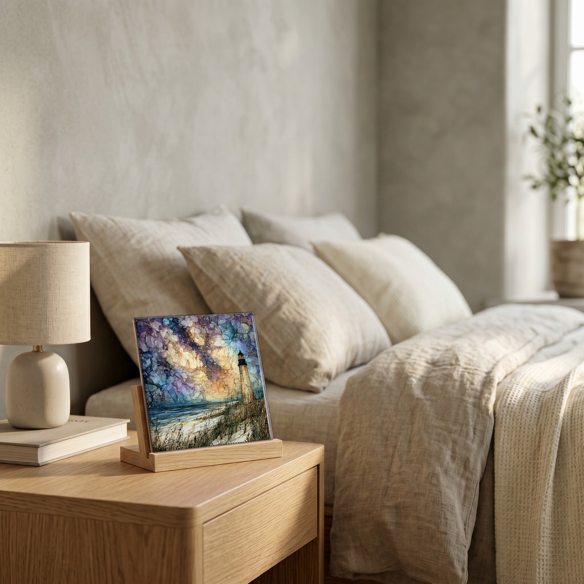 On the nightstand, catching the morning.