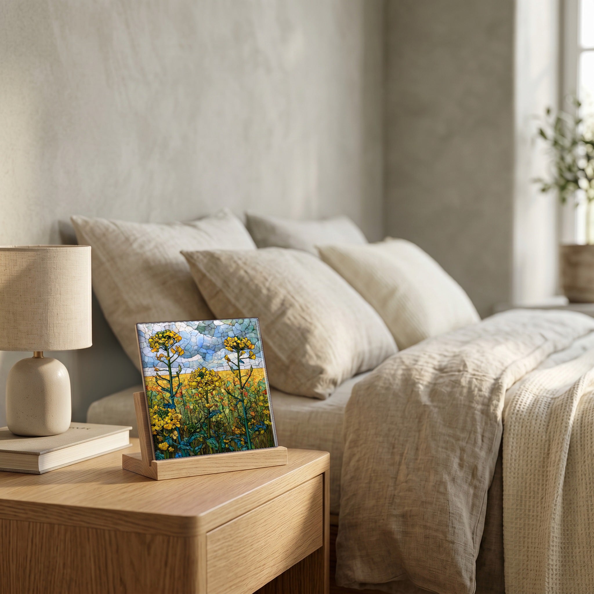 On the nightstand, catching the morning.