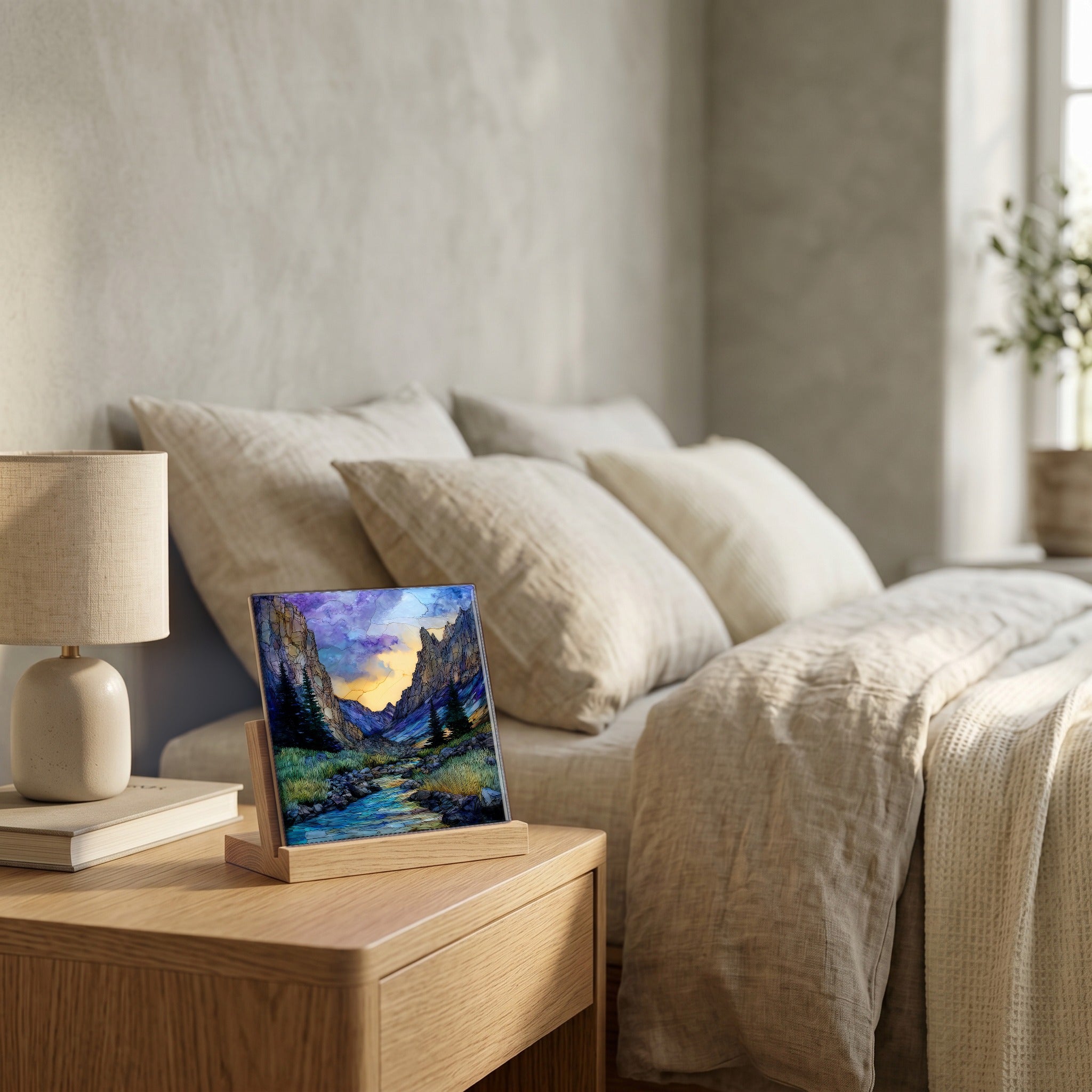 On the nightstand, catching the morning.