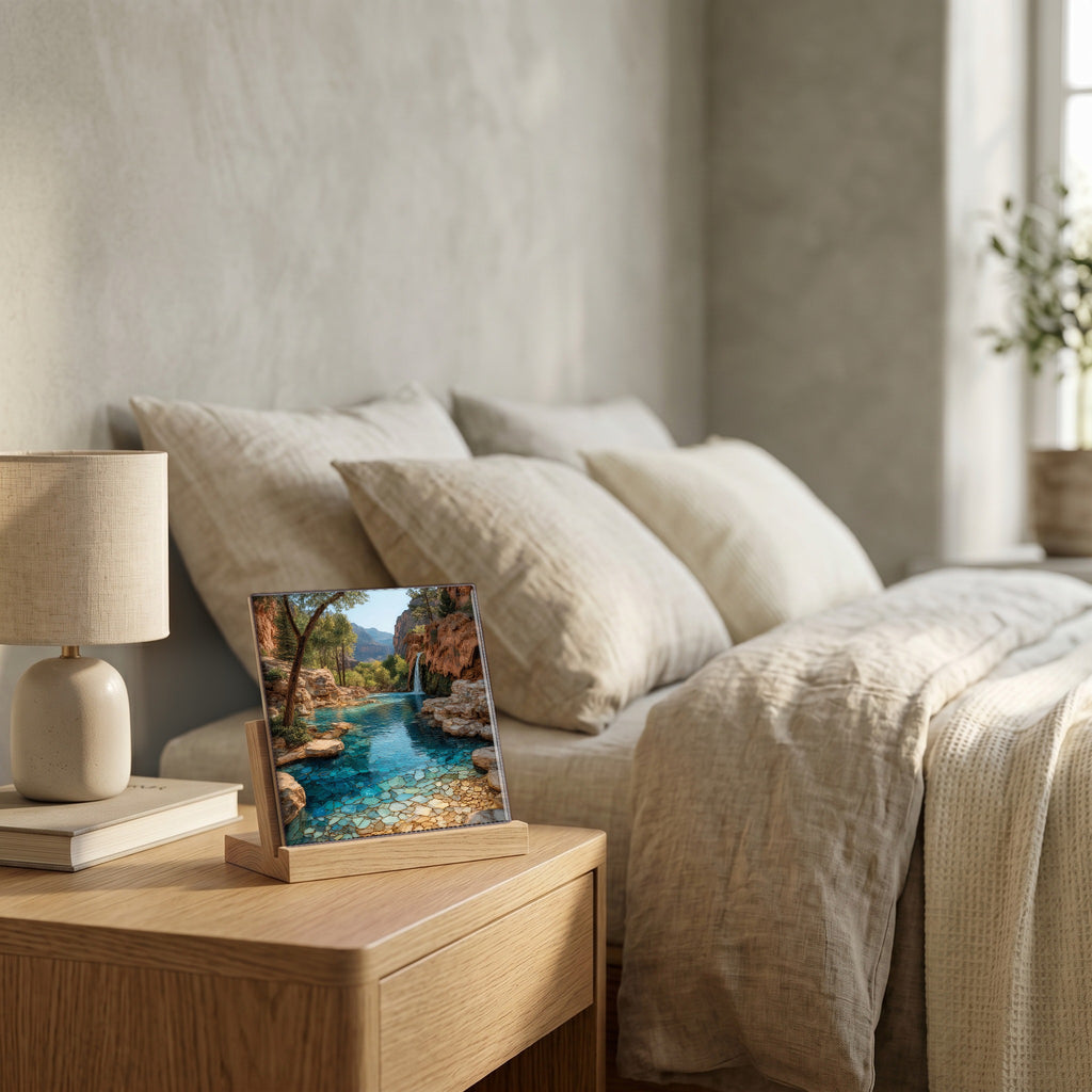 On the nightstand, catching the morning.