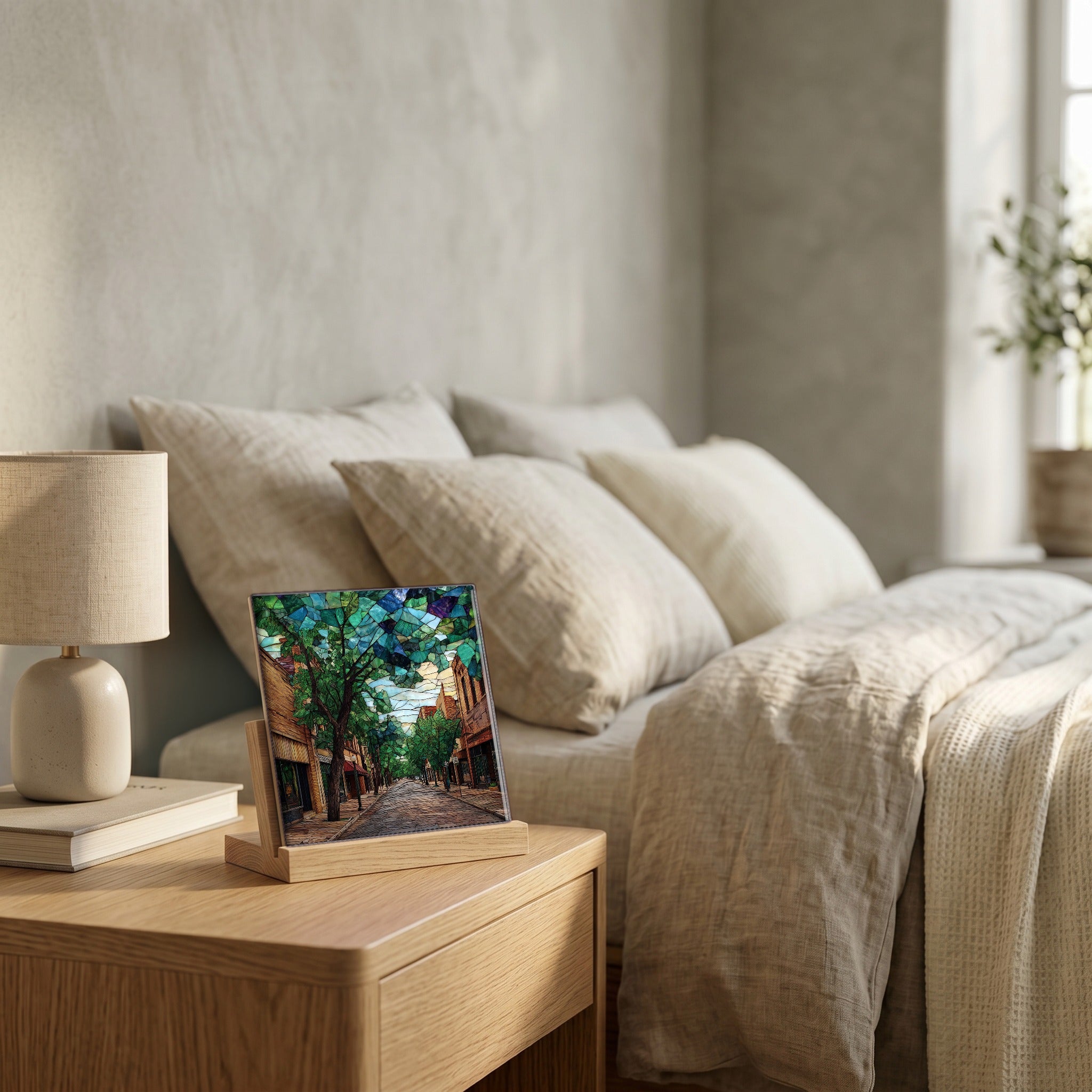 On the nightstand, catching the morning.