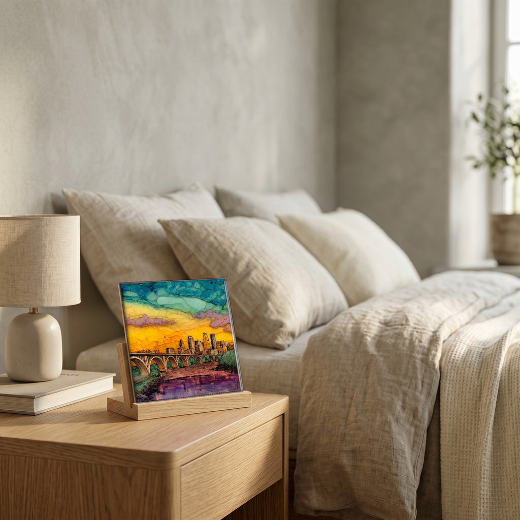 On the nightstand, catching the morning.