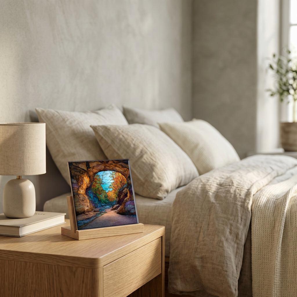 On the nightstand, catching the morning.