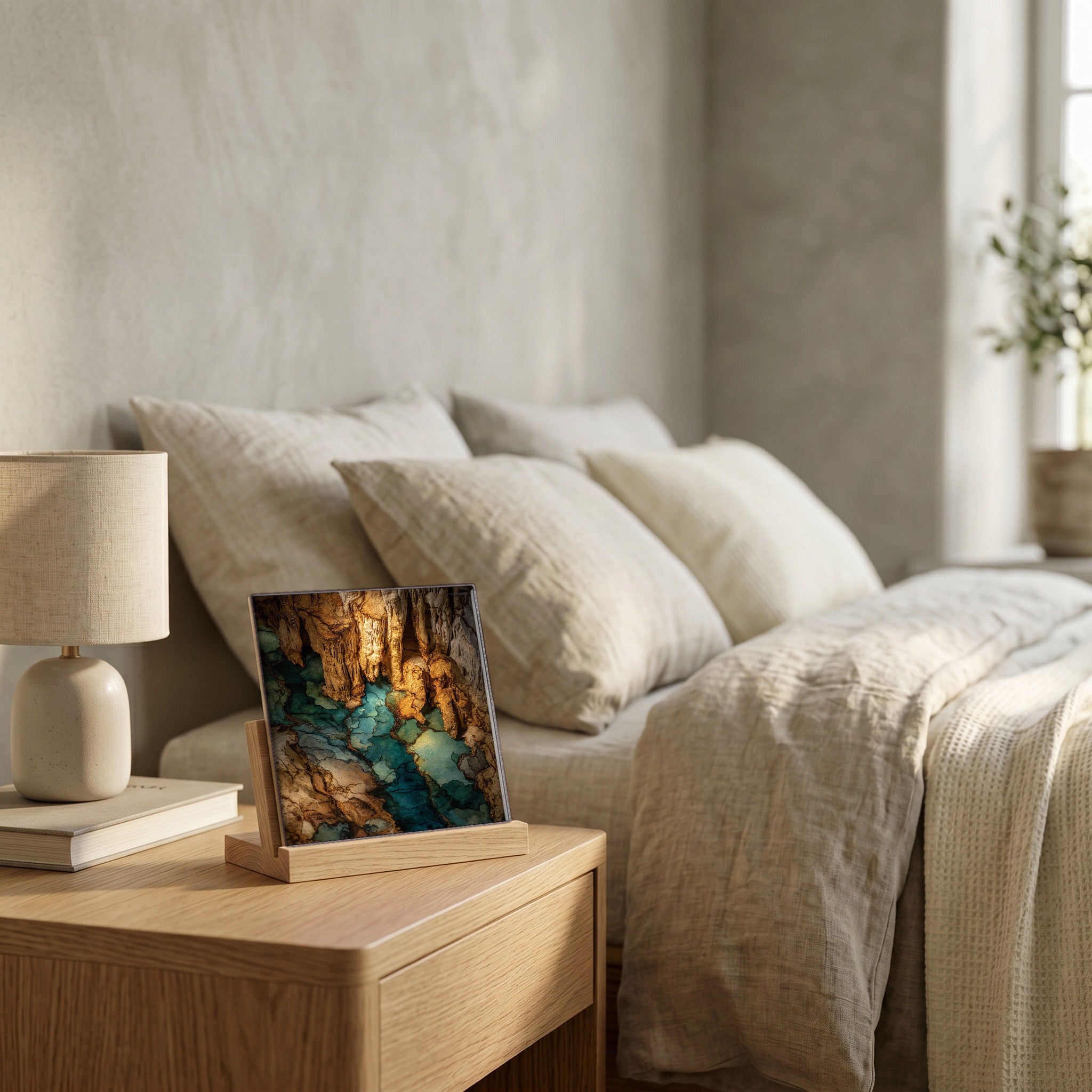 On the nightstand, catching the morning.