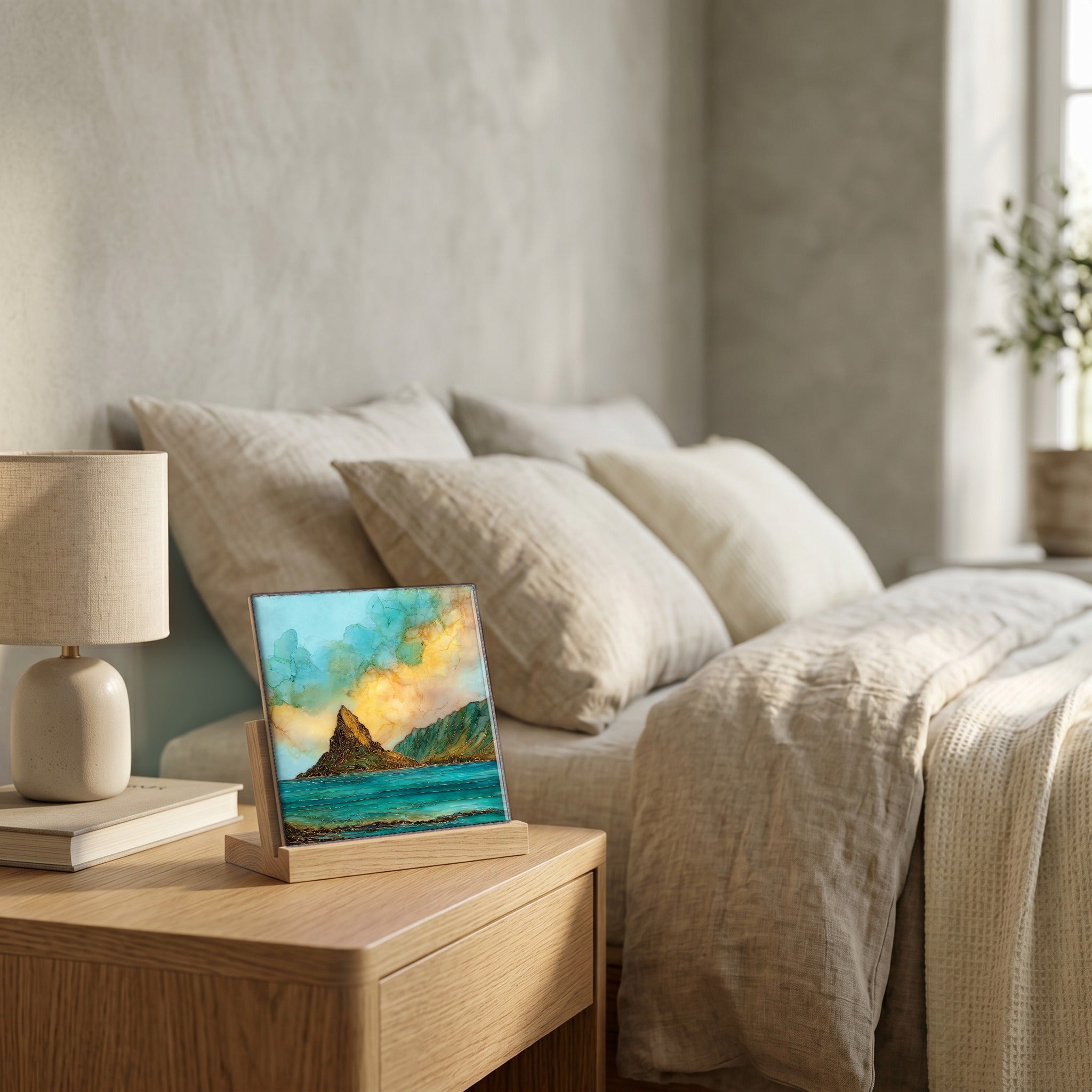 On the nightstand, on a light oak stand.