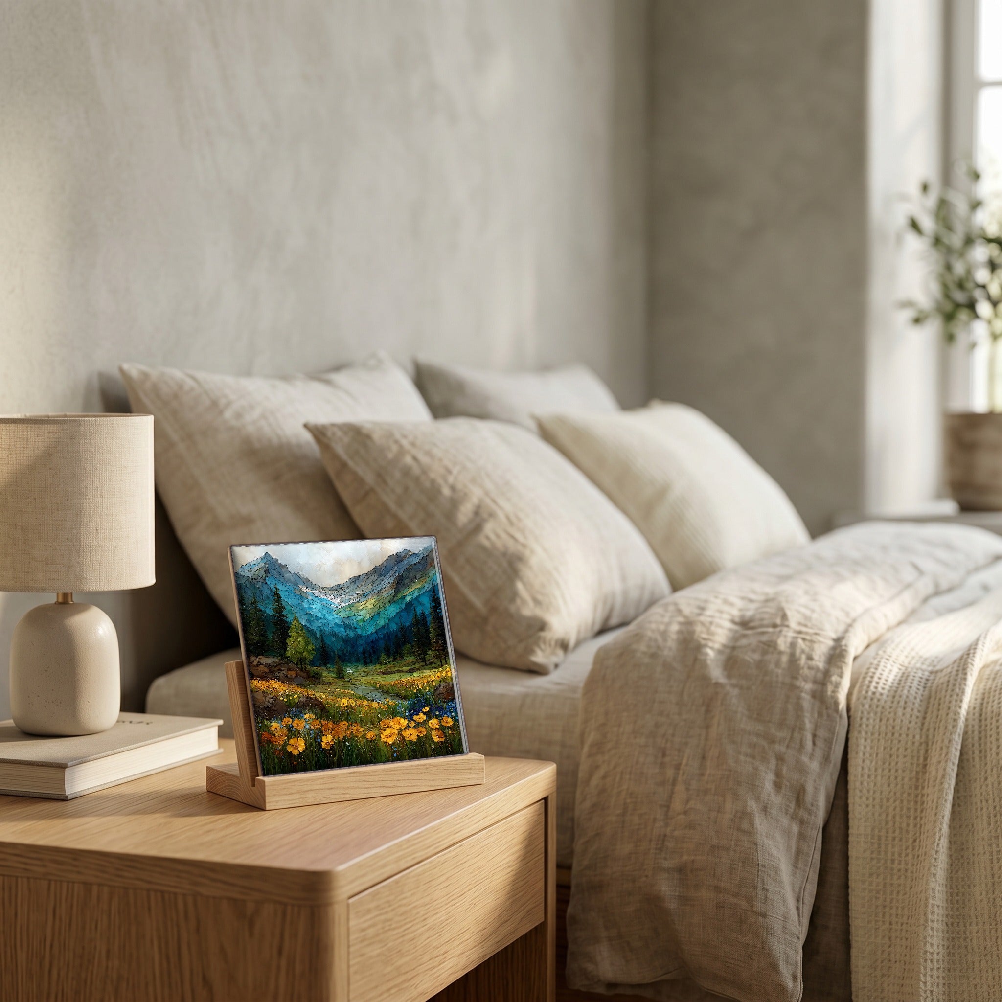 On the nightstand, catching the morning.