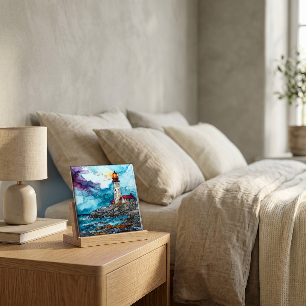 On the nightstand, catching the morning.