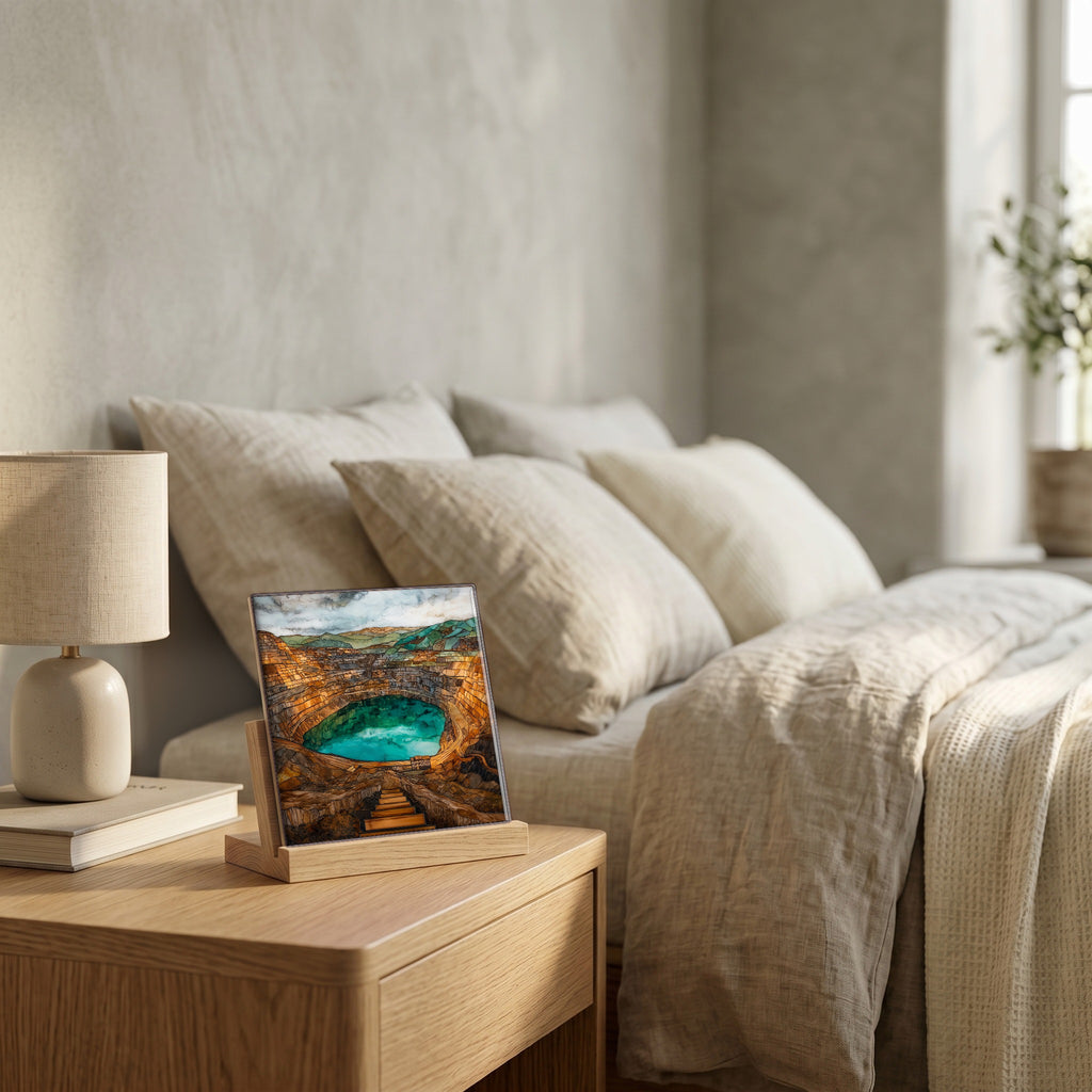 On the nightstand, catching the morning.
