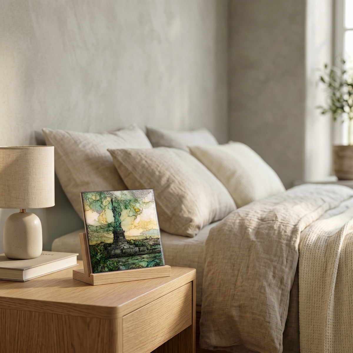 On the nightstand, catching the morning.