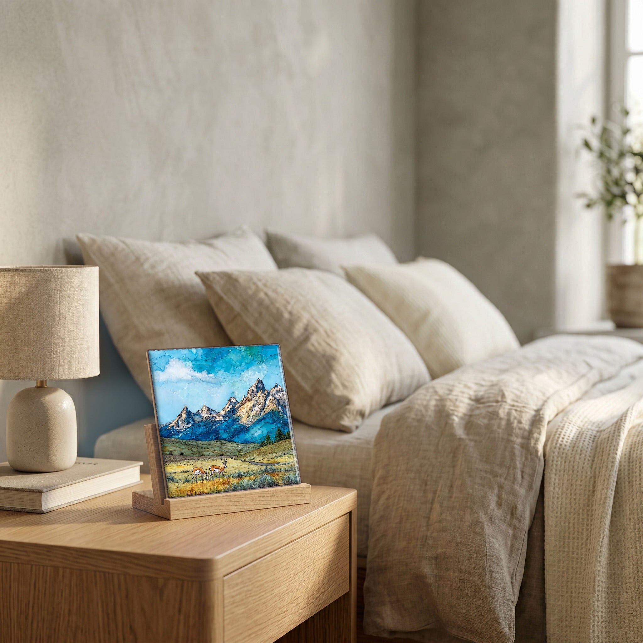 On the nightstand, catching the morning.