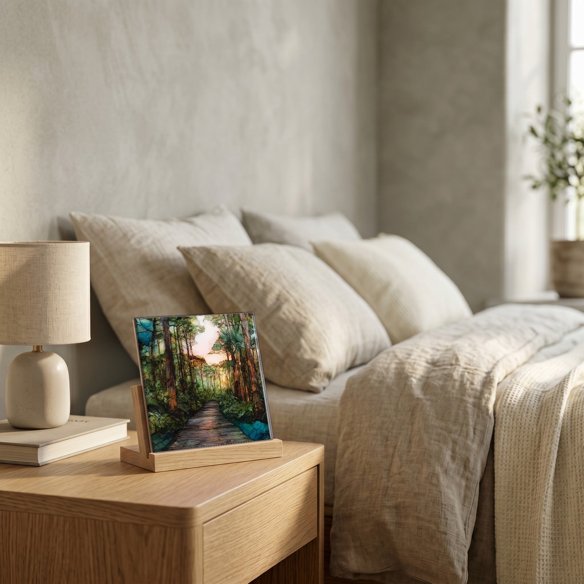 On the nightstand, catching the morning.