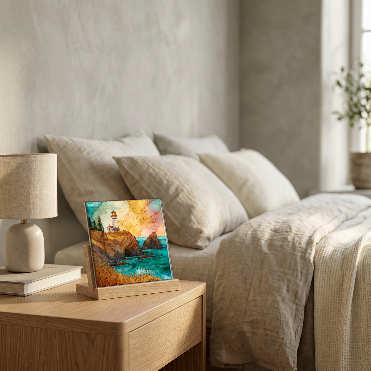 On the nightstand, on a light oak stand.