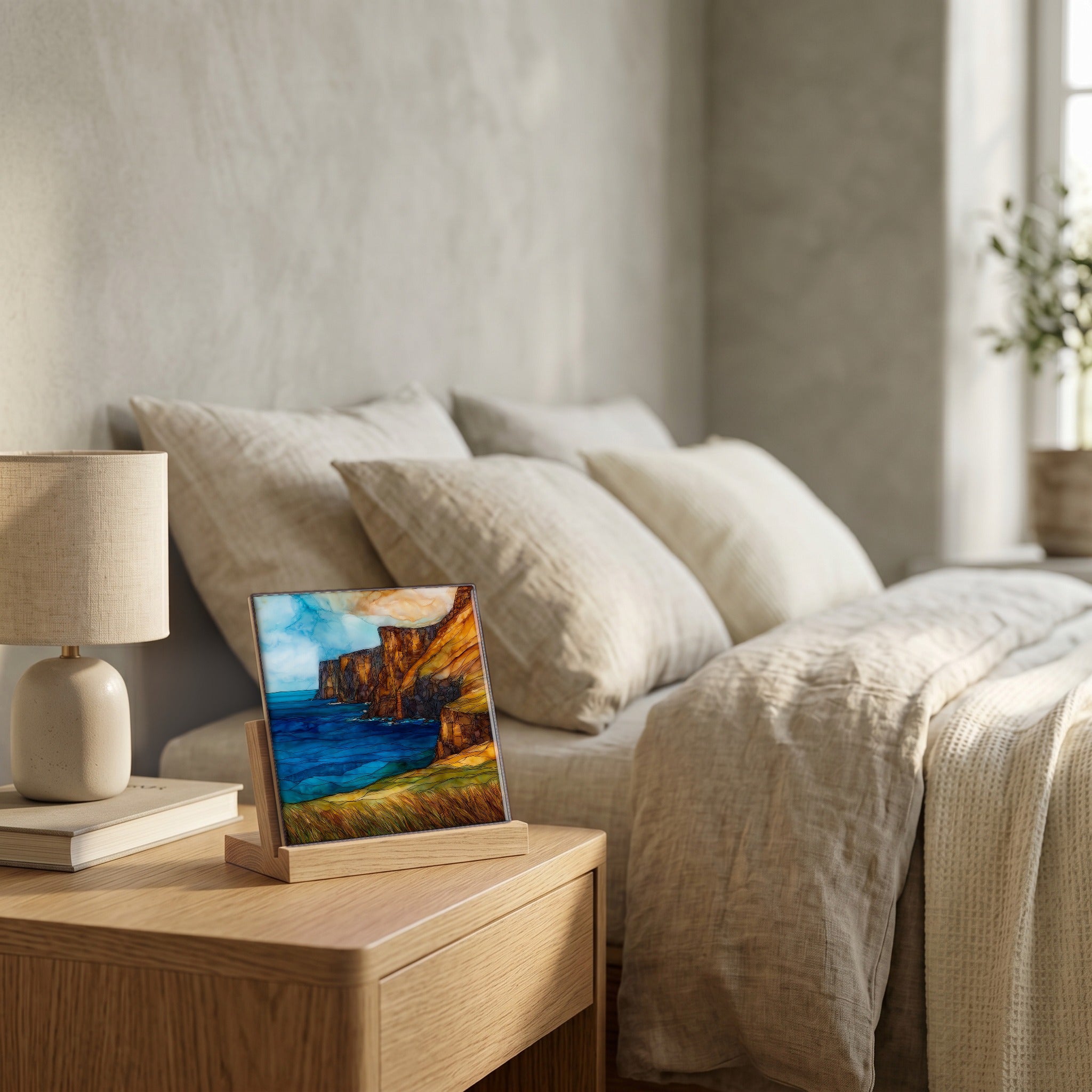 On the nightstand, on a light oak stand.
