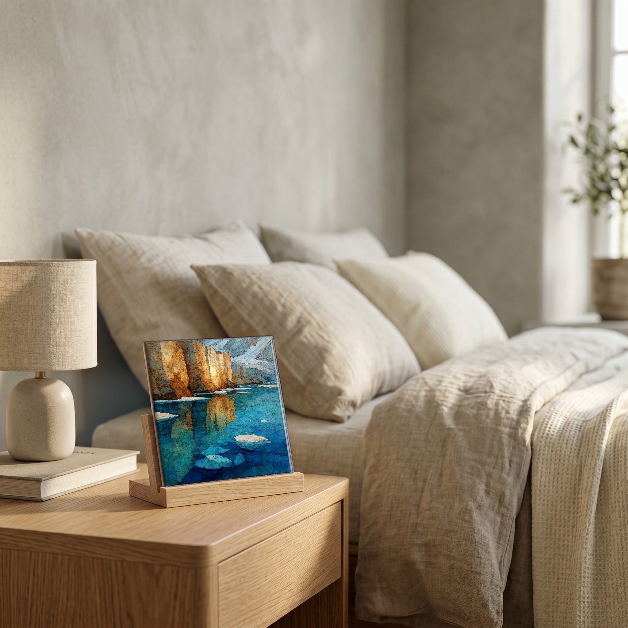 On the nightstand, catching the morning.