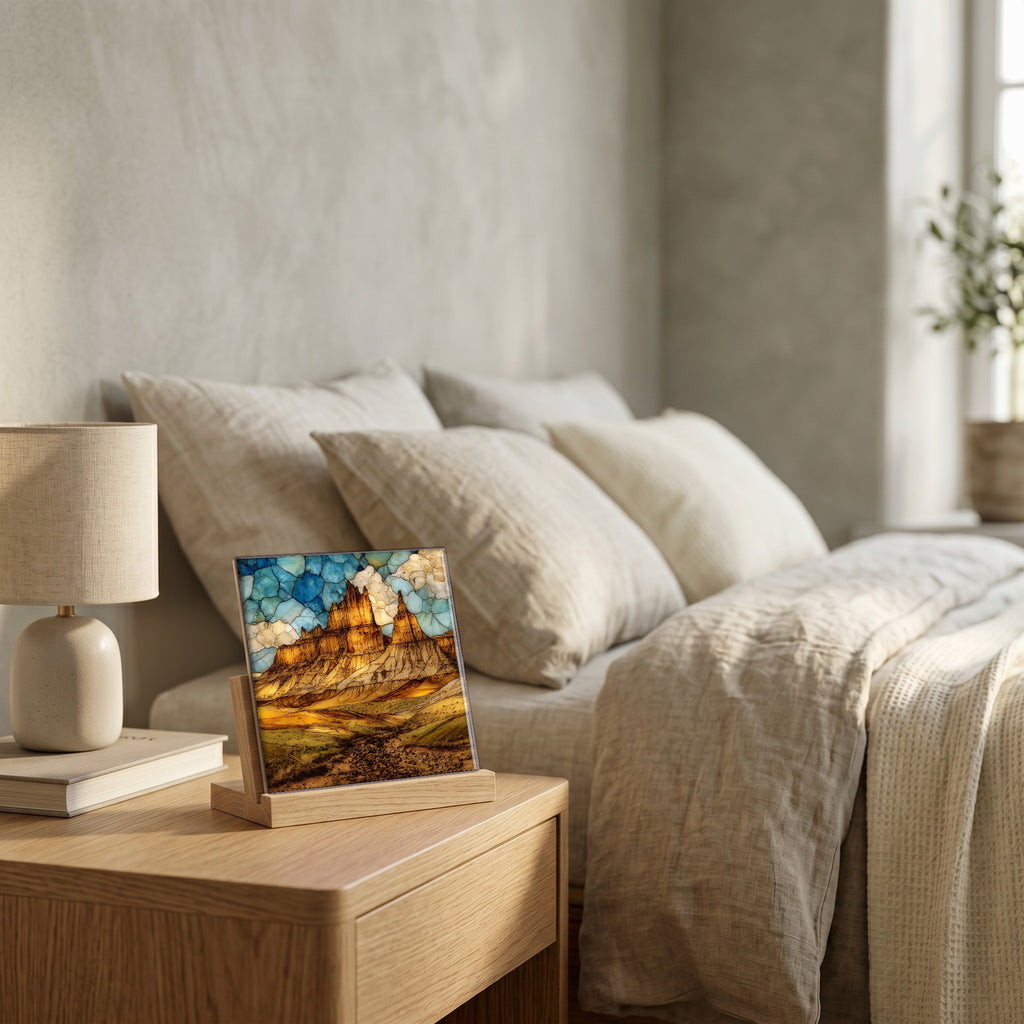 On the nightstand, catching the morning.
