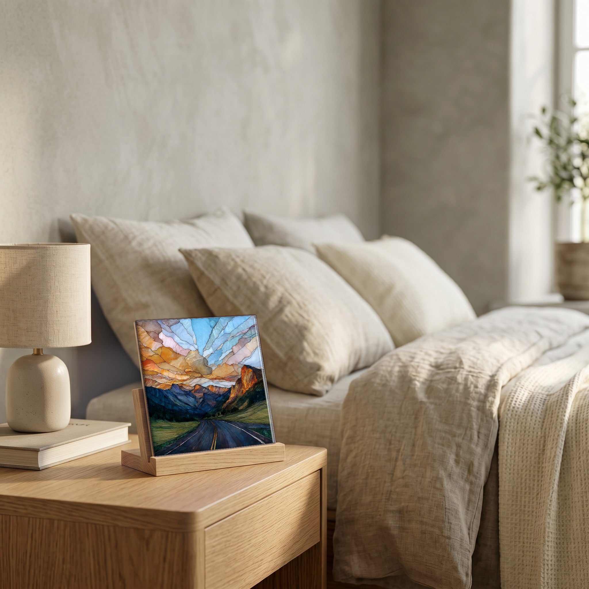 On the nightstand, on a light oak stand.