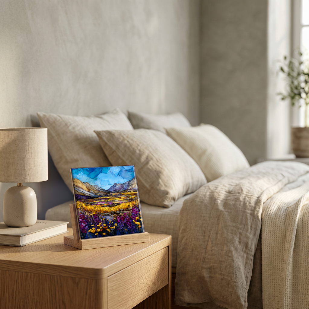 On the nightstand, on a light oak stand.