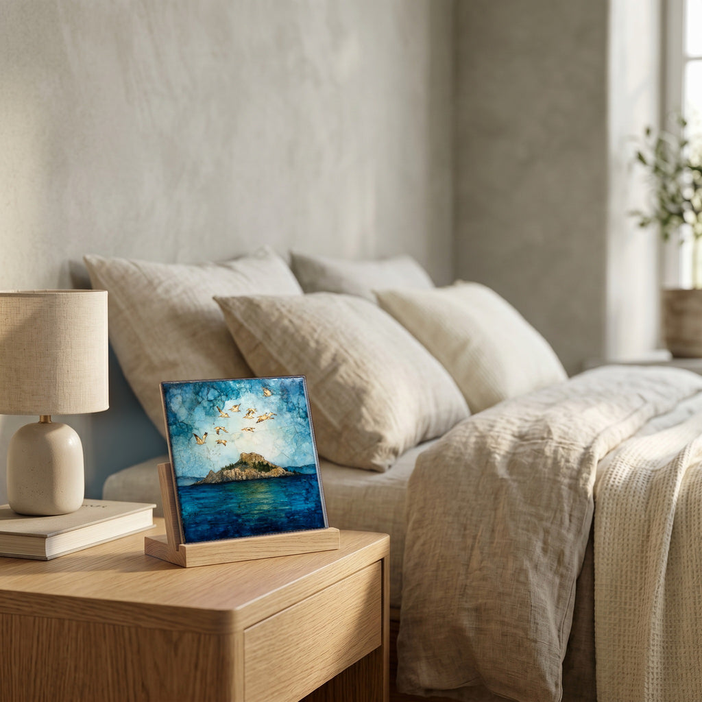 On the nightstand, catching the morning.
